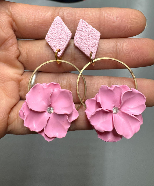 Medinilla Pink Flower in Diamond Shape Stud Earrings, Nickel Free, Cadmium Free. Bridal Collection, Floral Earrings