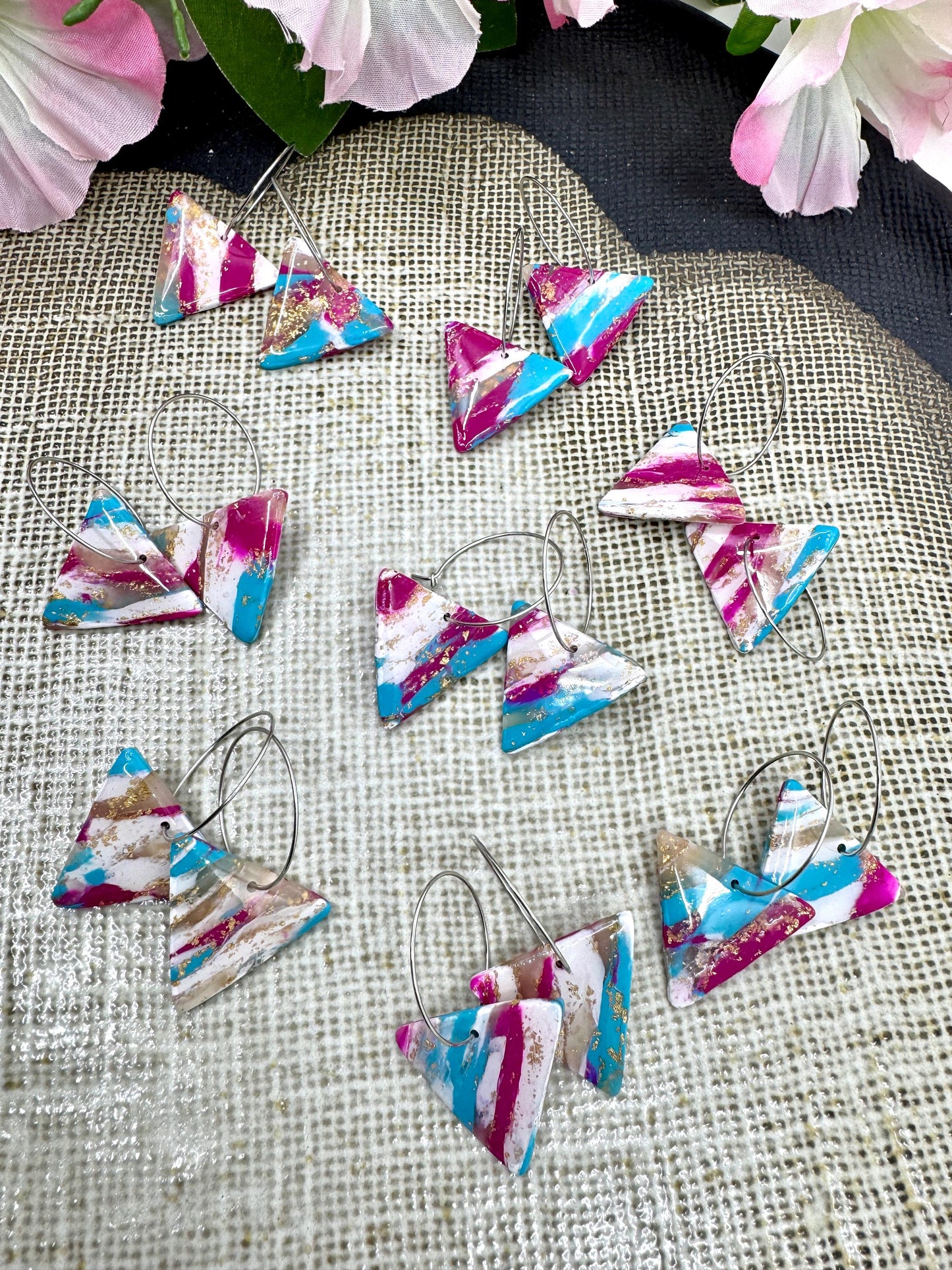 Bold Triangle Hoop Earrings – Hypoallergenic Polymer Clay Jewelry in Pink, Blue & White Marble with Gold Foil Accents