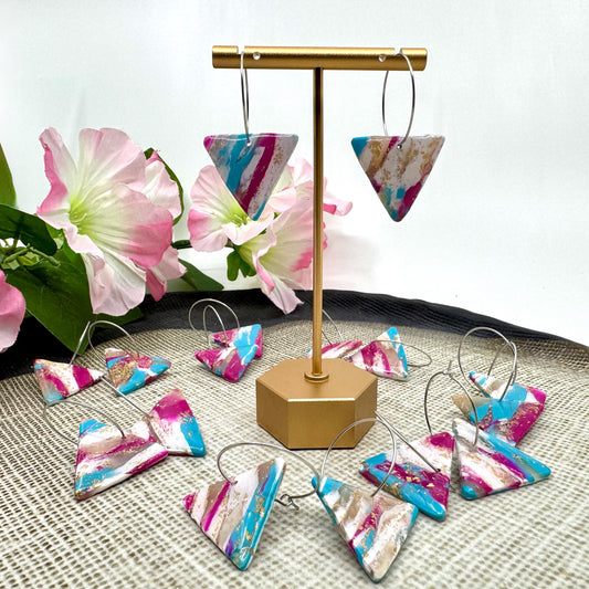 Bold Triangle Hoop Earrings – Hypoallergenic Polymer Clay Jewelry in Pink, Blue & White Marble with Gold Foil Accents