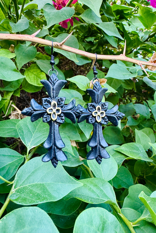 Black Gothic Cross Statement Earrings | Handmade Polymer Clay | Perfect for Halloween