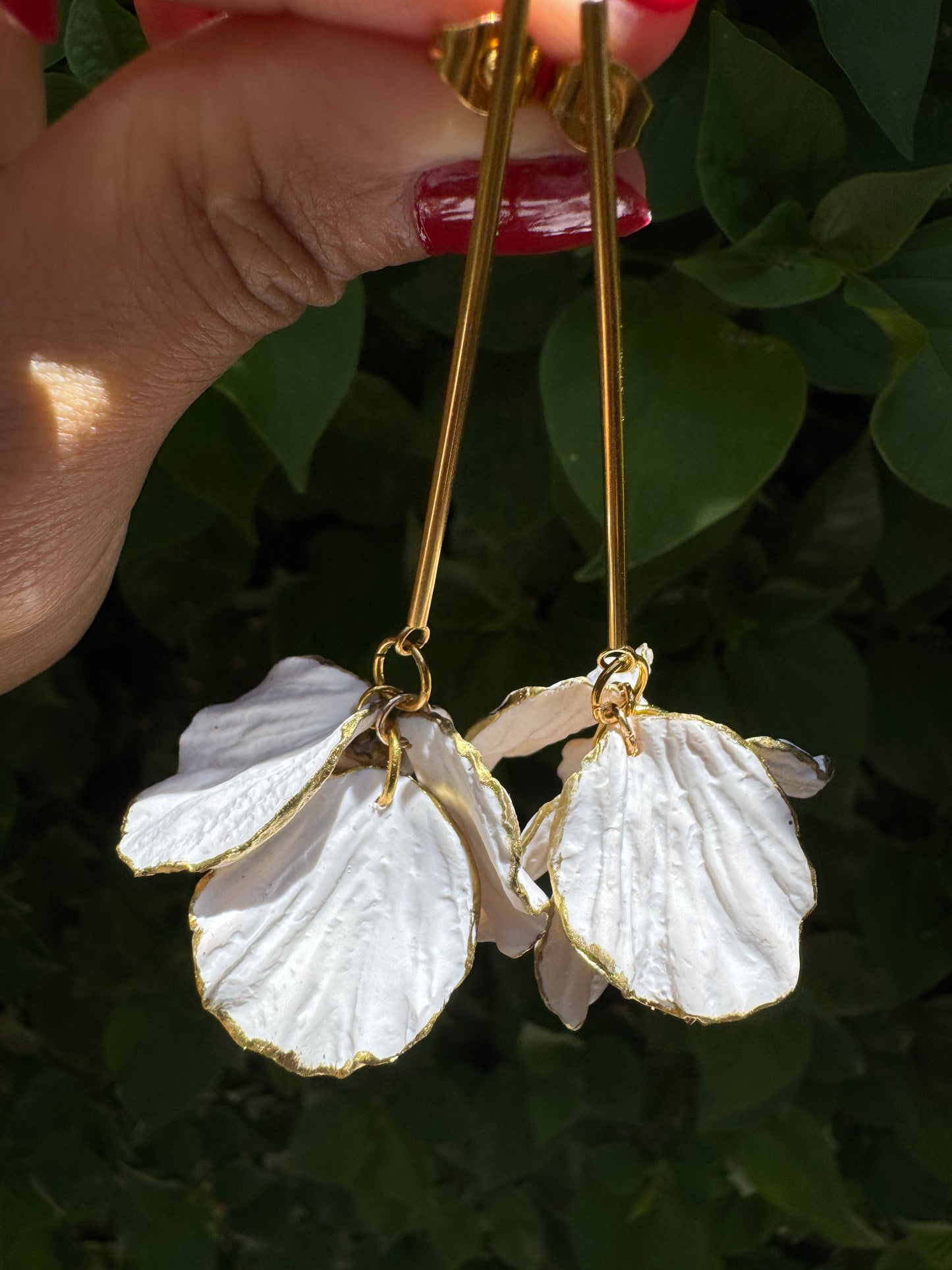White and Gold Petal Drop Earrings | Handmade Polymer Clay Earrings | Lightweight and Hypoallergenic | Nickel Free Earrings. Gift for Her | Bridal Collection