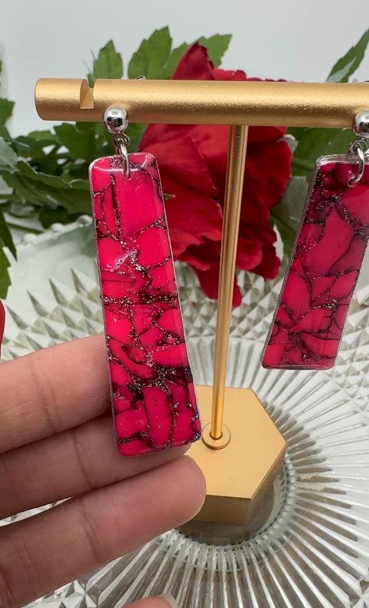 Pink Geometric Marble Design Earrings in Nickel Free Silver-Plated Ball Stud Drop Earrings. Lightweight Statement Jewelry