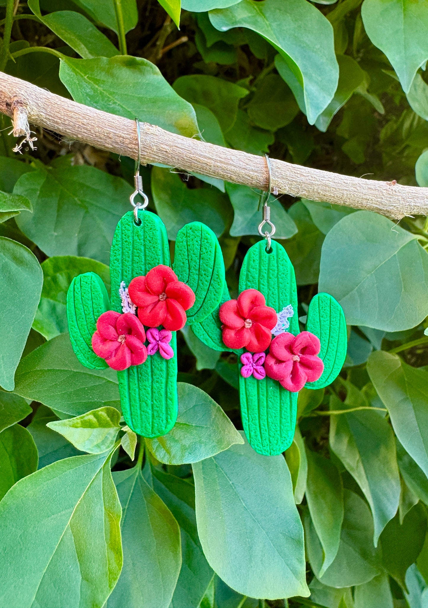 Handmade Cactus Polymer Clay Earrings with colorful Flowers - Fun, Lightweight and Unique. Saguaro Cactus Earrings