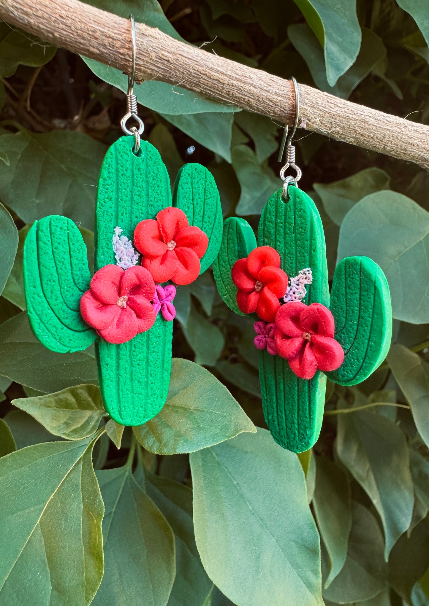 Handmade Cactus Polymer Clay Earrings with colorful Flowers - Fun, Lightweight and Unique. Saguaro Cactus Earrings