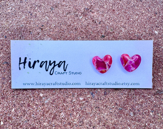 Marble Heart & Button Earrings - Hypoallergenic | Resin Embedded Stud Posts
