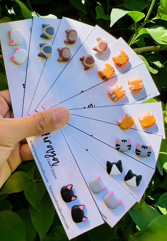 Cat Stud Earrings - Handmade and Hand-painted Polymer Clay | Hypoallergenic Studs | Cute Pet-inspired Earrings | Gift for Cat Lovers