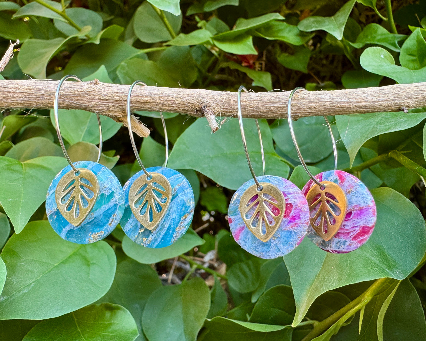 Teal or Teal & Pink Gold Leaf Hoop Earrings. Nature-Inspired Handmade Jewelry | Lightweight | Hypoallergenic
