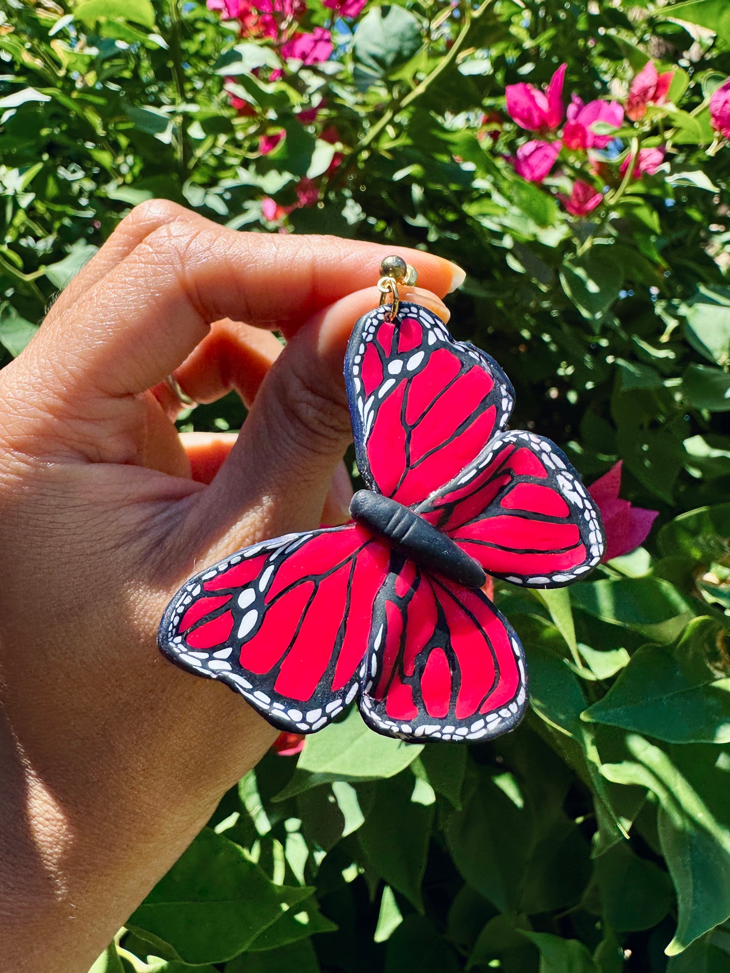 Pink Monarch Butterfly Statement Earrings | Handmade Polymer Clay Earrings | Lightweight | Bold & Eye-Catching Hypoallergenic Jewelry