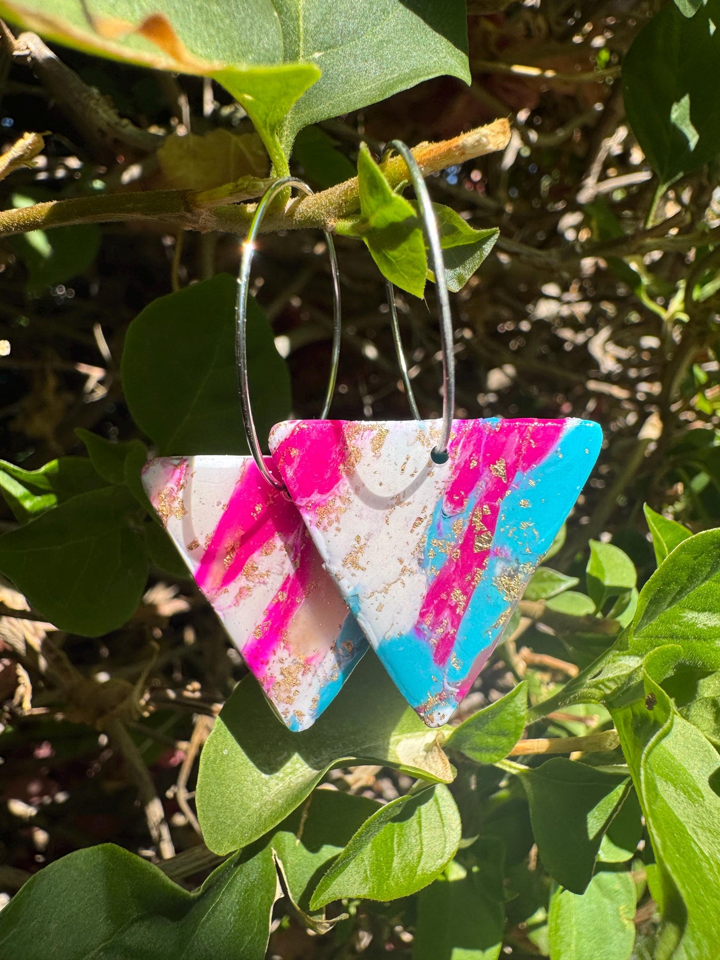 Bold Triangle Hoop Earrings – Hypoallergenic Polymer Clay Jewelry in Pink, Blue & White Marble with Gold Foil Accents