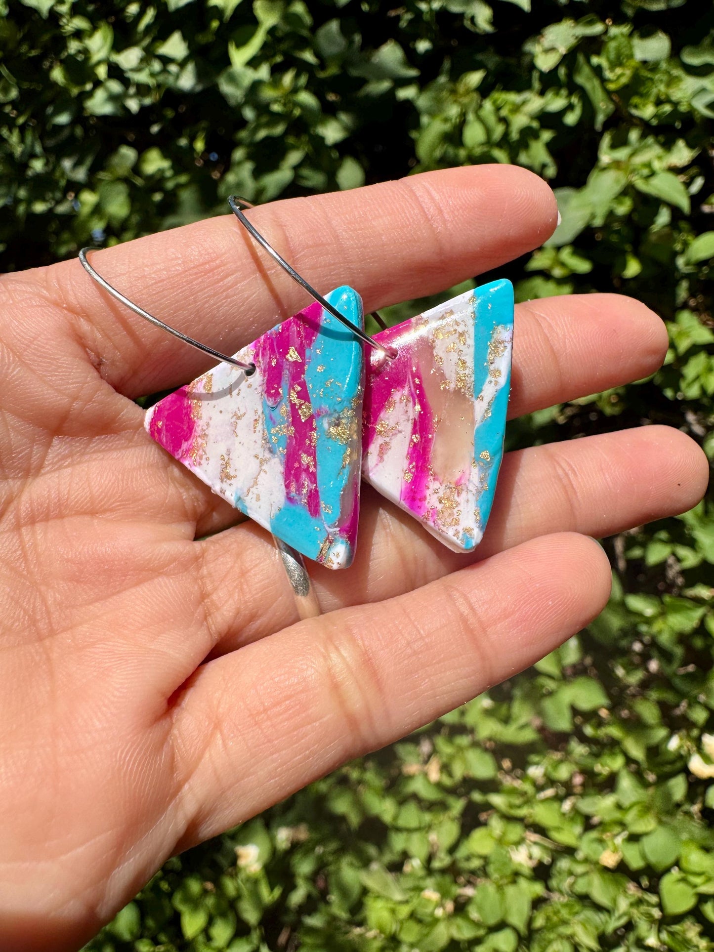 Bold Triangle Hoop Earrings – Hypoallergenic Polymer Clay Jewelry in Pink, Blue & White Marble with Gold Foil Accents