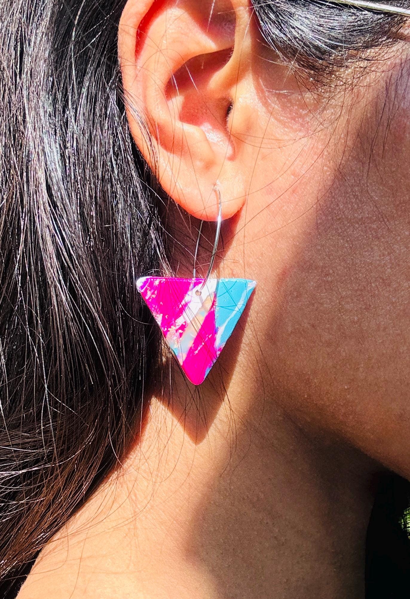 Bold Triangle Hoop Earrings – Hypoallergenic Polymer Clay Jewelry in Pink, Blue & White Marble with Gold Foil Accents