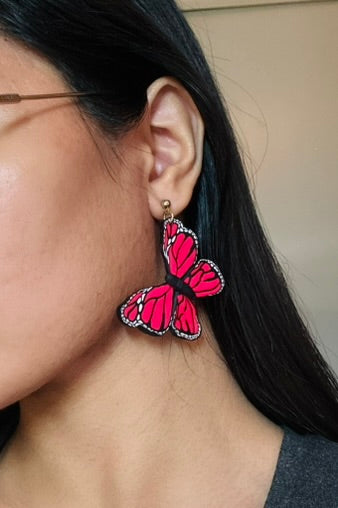 Pink Monarch Butterfly Statement Earrings | Handmade Polymer Clay Earrings | Lightweight | Bold & Eye-Catching Hypoallergenic Jewelry