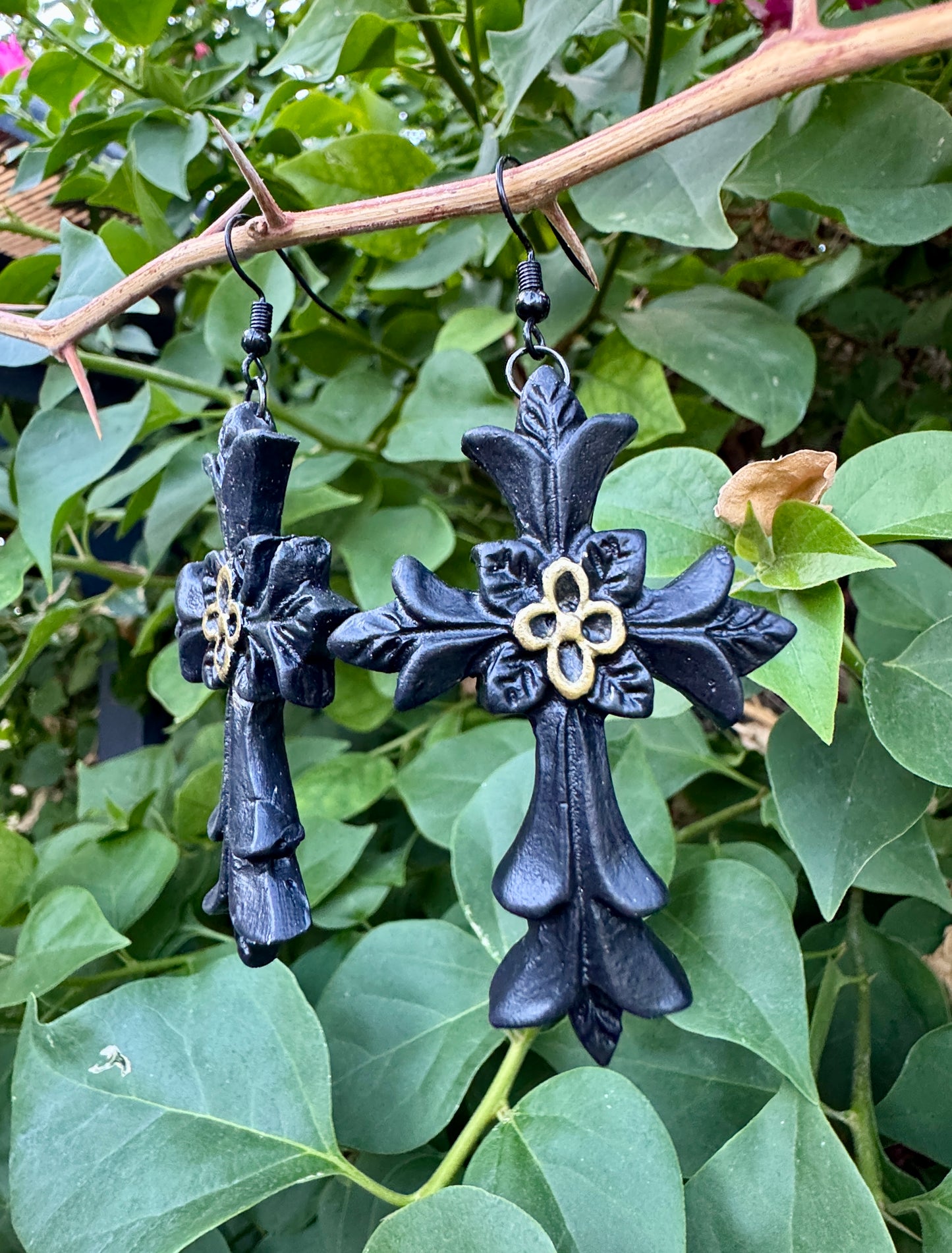 Black Gothic Cross Statement Earrings | Handmade Polymer Clay | Perfect for Halloween