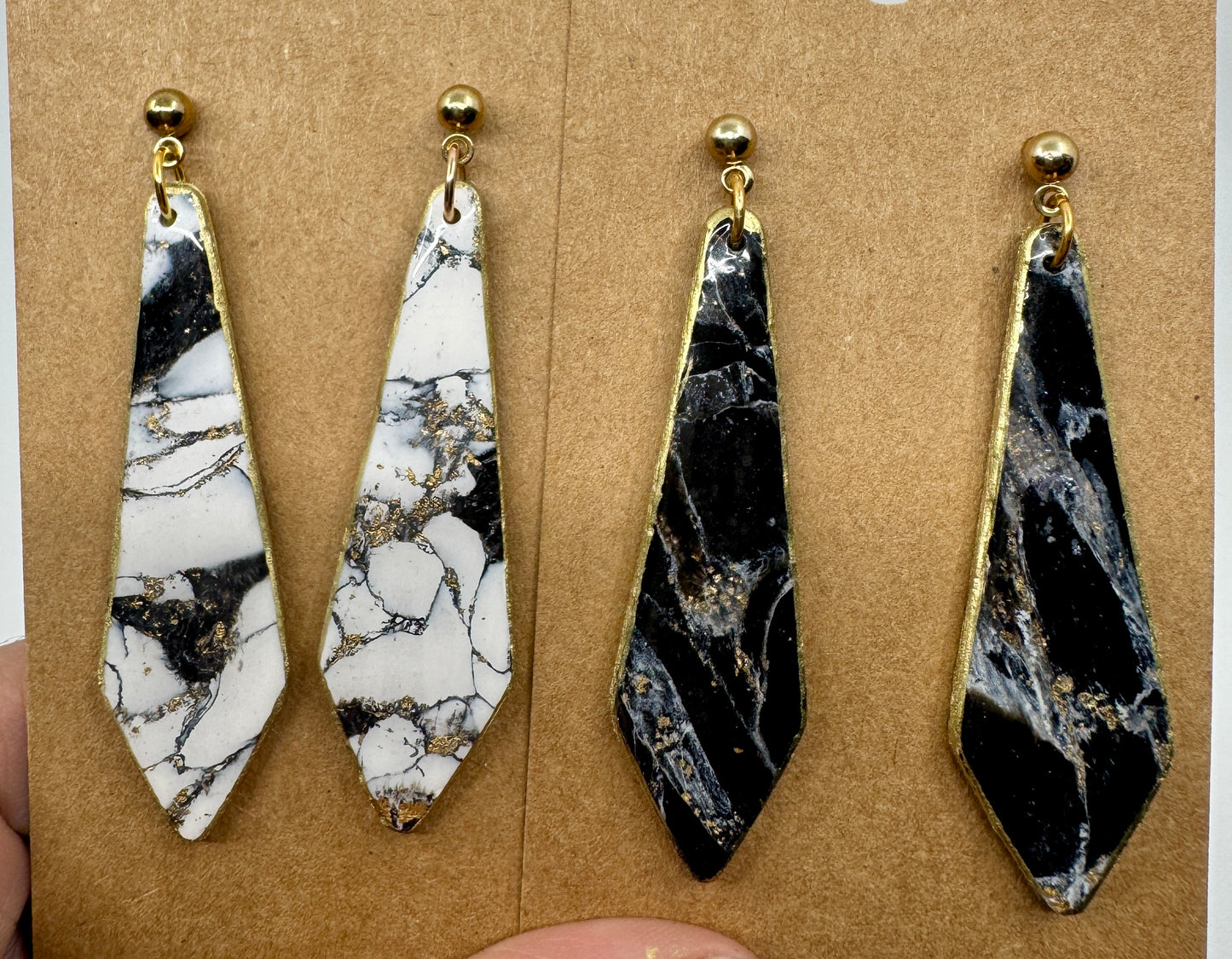 Black and Gold Geometric Marble Design Earrings in Nickel Free 18k Gold Plated Ball Stud Drop Earrings. Lightweight Statement Jewelry.