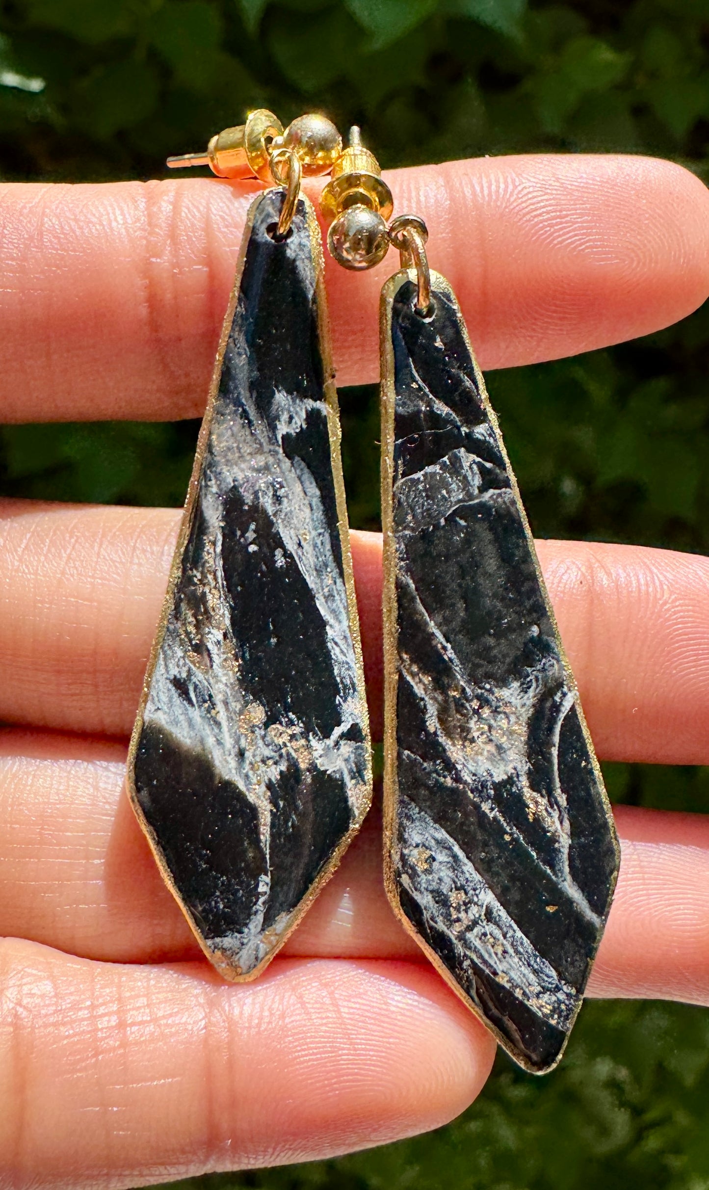 Black and Gold Geometric Marble Design Earrings in Nickel Free 18k Gold Plated Ball Stud Drop Earrings. Lightweight Statement Jewelry.