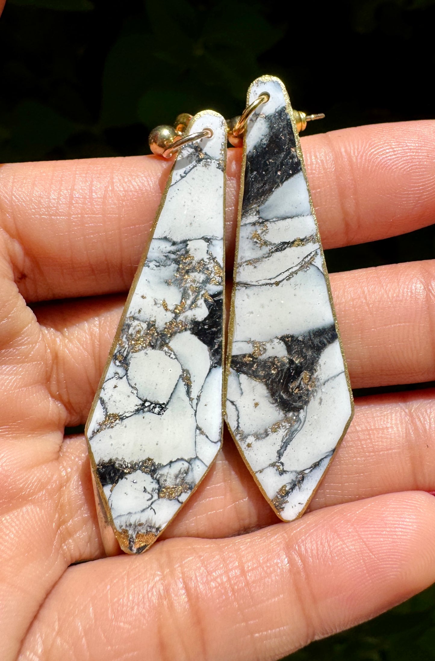 White and Gold Geometric Marble Design Earrings in Nickel Free Gold-Plated Ball Stud Drop Earrings. Lightweight Statement Jewelry