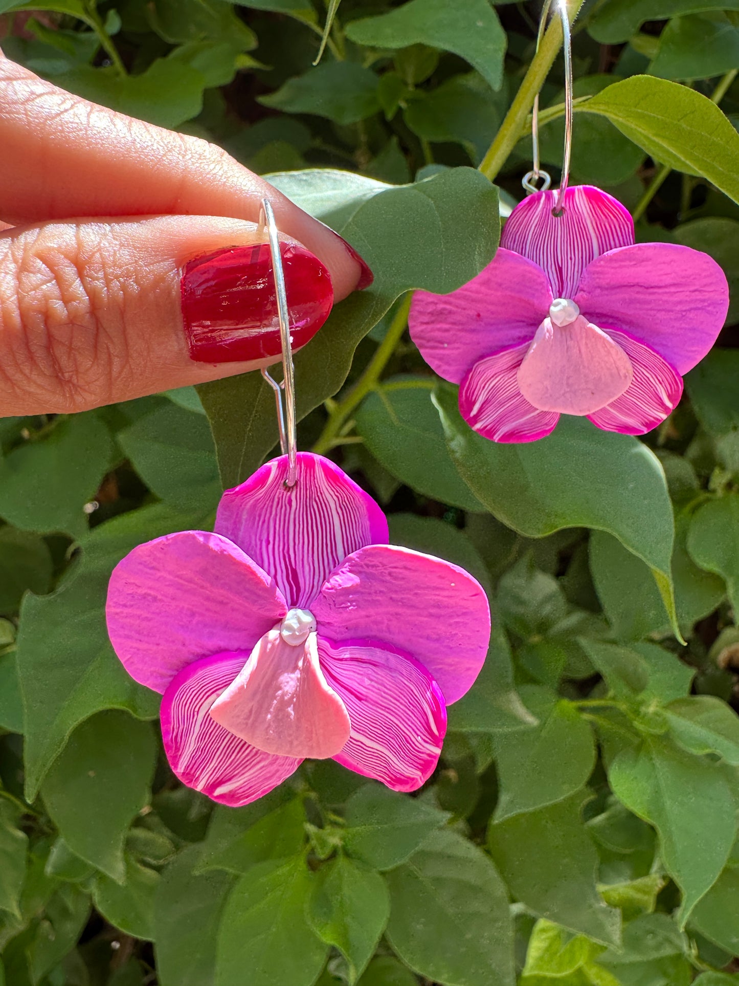 Handmade Phalaenopses Orchid Polymer Clay Hoop Earrings. Hypoallergenic Hoop Earrings