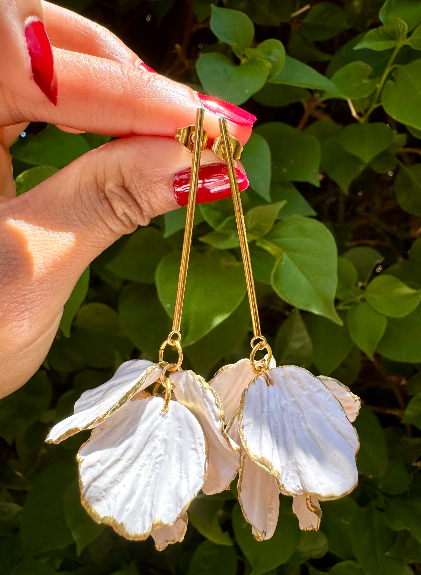 White and Gold Petal Drop Earrings | Handmade Polymer Clay Earrings | Lightweight and Hypoallergenic | Nickel Free Earrings. Gift for Her | Bridal Collection