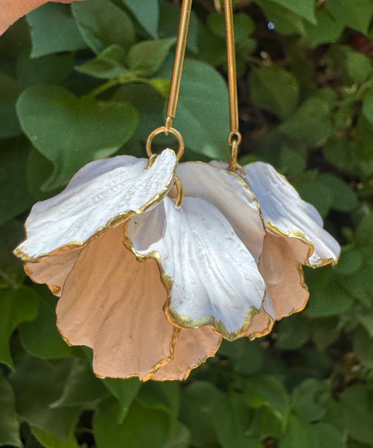 White and Gold Petal Drop Earrings | Handmade Polymer Clay Earrings | Lightweight and Hypoallergenic | Nickel Free Earrings. Gift for Her | Bridal Collection