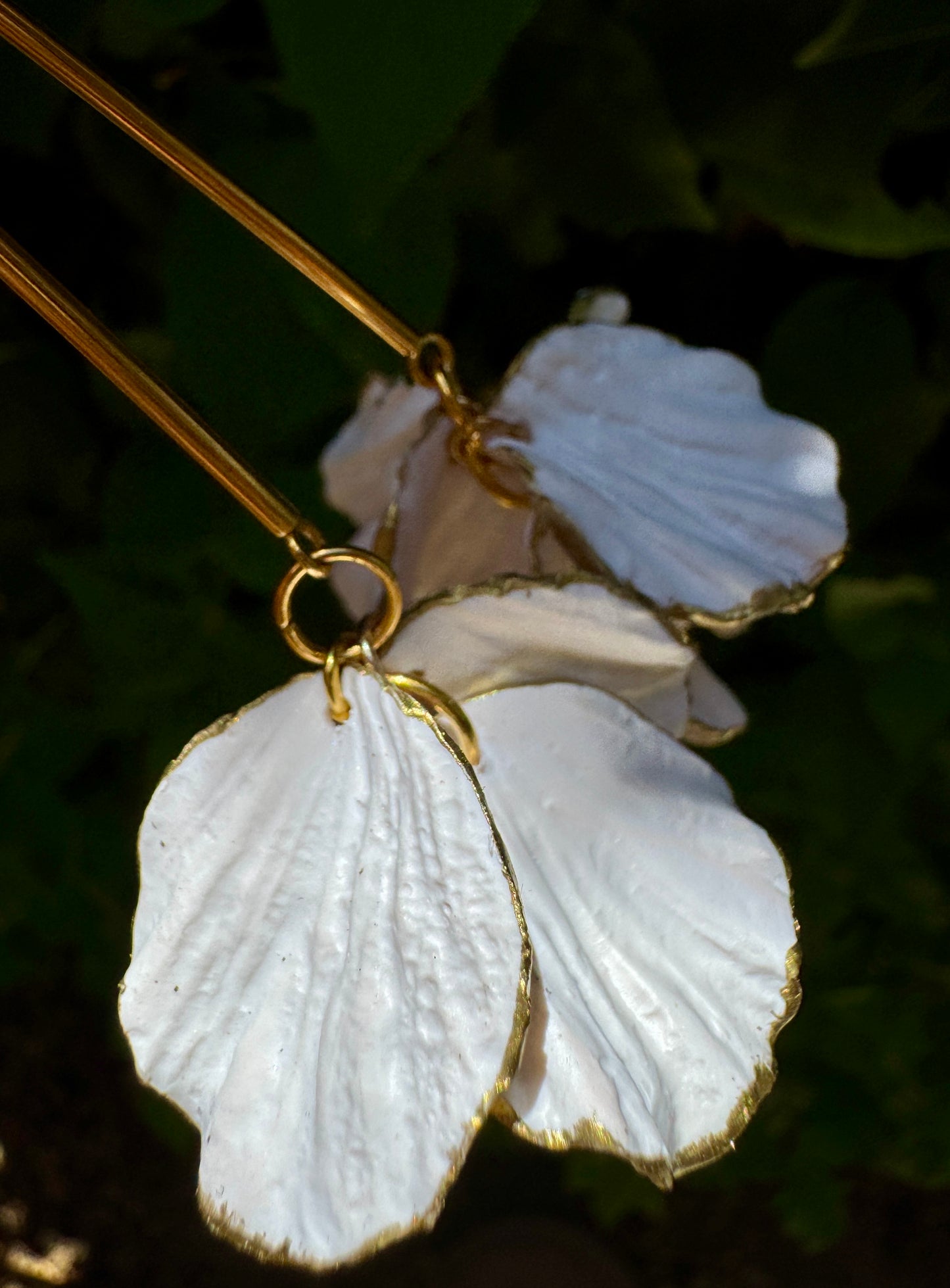White and Gold Petal Drop Earrings | Handmade Polymer Clay Earrings | Lightweight and Hypoallergenic | Nickel Free Earrings. Gift for Her | Bridal Collection