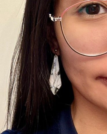 White and Gold Geometric Marble Design Earrings in Nickel Free Gold-Plated Ball Stud Drop Earrings. Lightweight Statement Jewelry