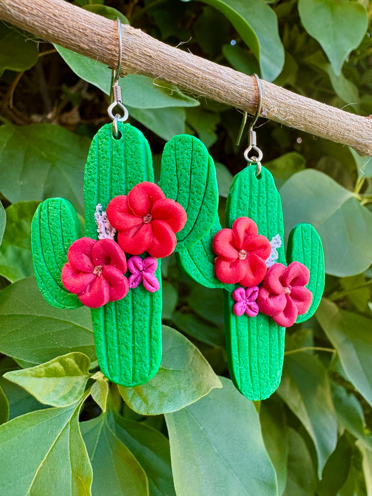Handmade Cactus Polymer Clay Earrings with colorful Flowers - Fun, Lightweight and Unique. Saguaro Cactus Earrings