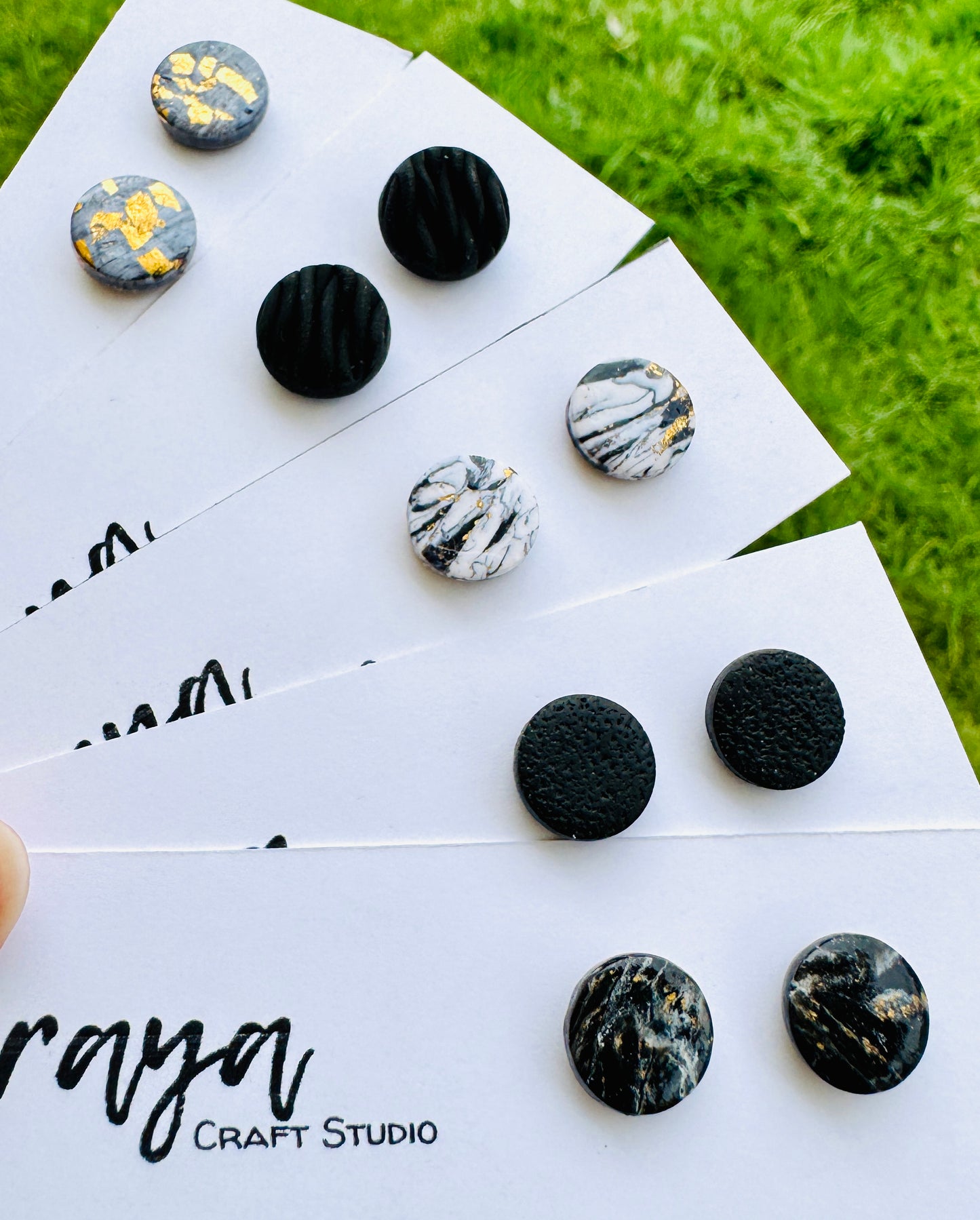 Handmade Black and White Polymer Clay Stud Earrings - Textured, Marble and Gold Leaf Designs | Minimalist Hypoallergenic Earrings