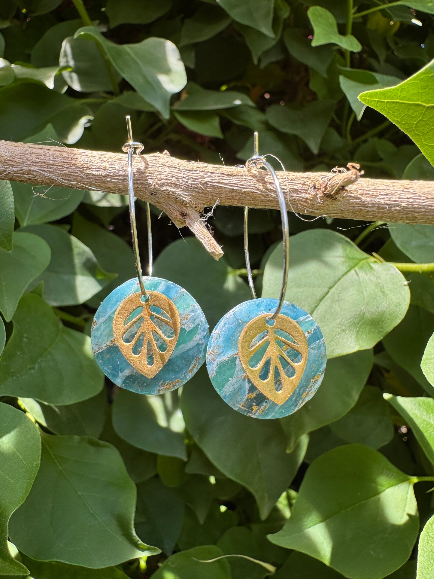Teal or Teal & Pink Gold Leaf Hoop Earrings. Nature-Inspired Handmade Jewelry | Lightweight | Hypoallergenic