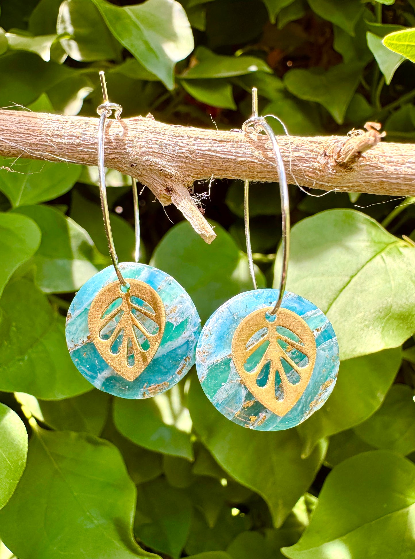 Teal or Teal & Pink Gold Leaf Hoop Earrings. Nature-Inspired Handmade Jewelry | Lightweight | Hypoallergenic