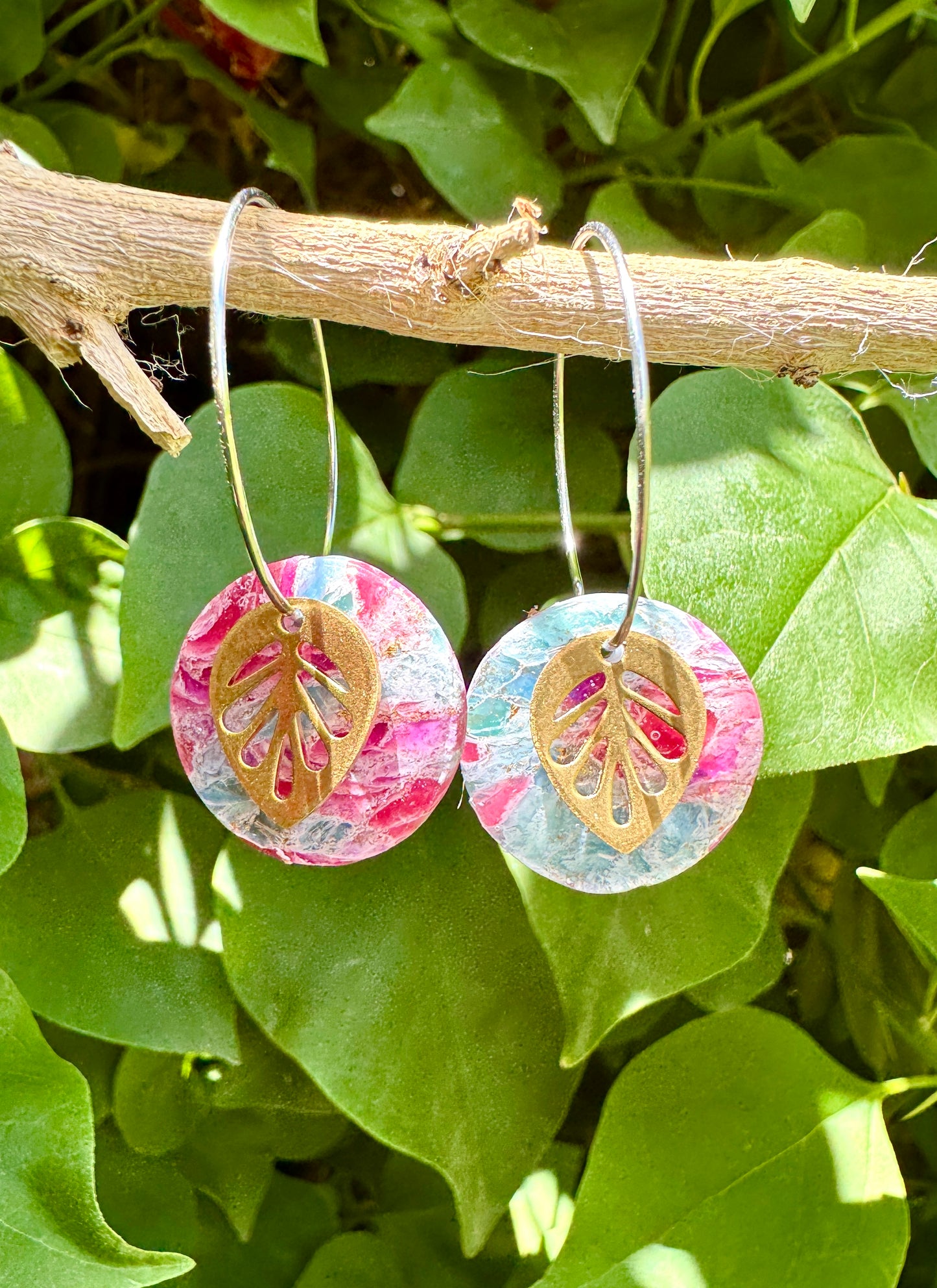 Teal or Teal & Pink Gold Leaf Hoop Earrings. Nature-Inspired Handmade Jewelry | Lightweight | Hypoallergenic