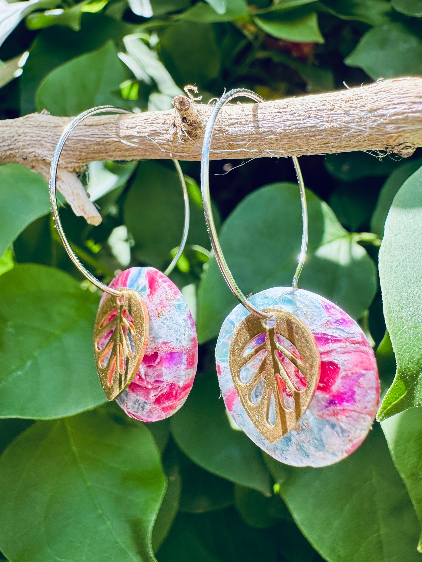 Teal or Teal & Pink Gold Leaf Hoop Earrings. Nature-Inspired Handmade Jewelry | Lightweight | Hypoallergenic