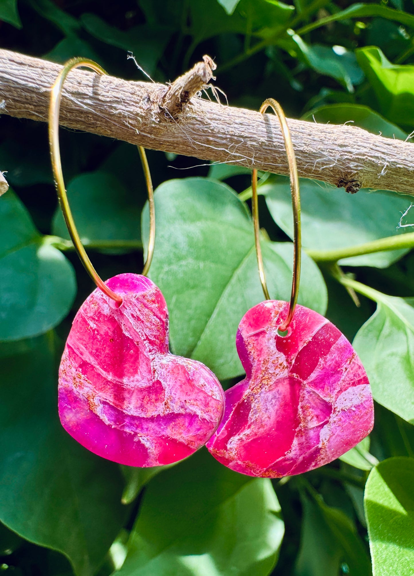 Pink Marbled Hear Hoop Earrings | Marbled Polymer Clay | Lightweight and Hypoallergenic | Romatic Gift for Her