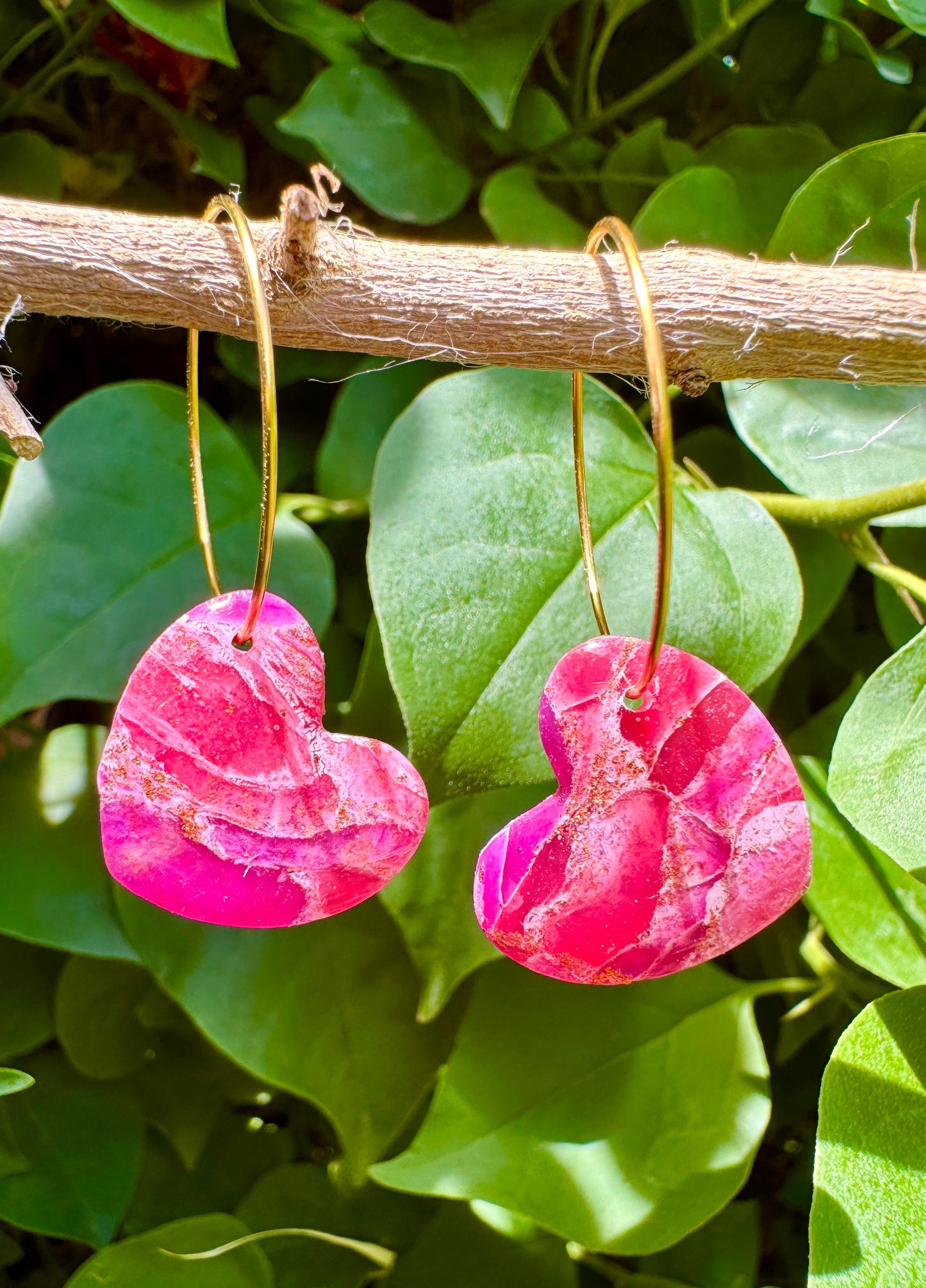Pink Marbled Hear Hoop Earrings | Marbled Polymer Clay | Lightweight and Hypoallergenic | Romatic Gift for Her