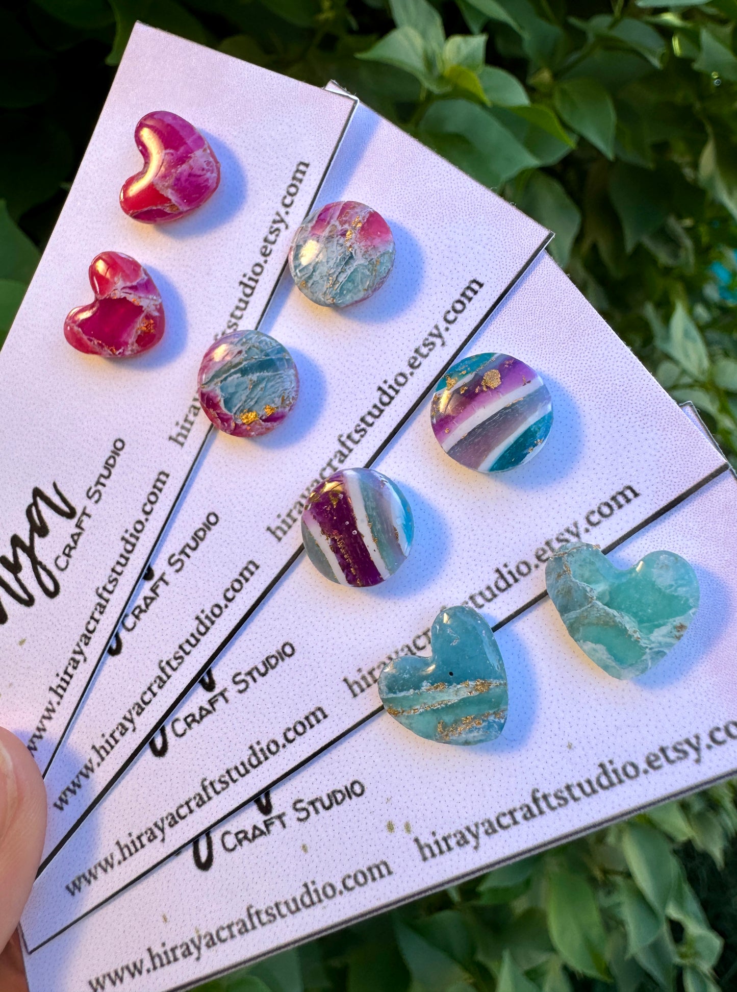 Marble Heart & Button Earrings - Hypoallergenic | Resin Embedded Stud Posts