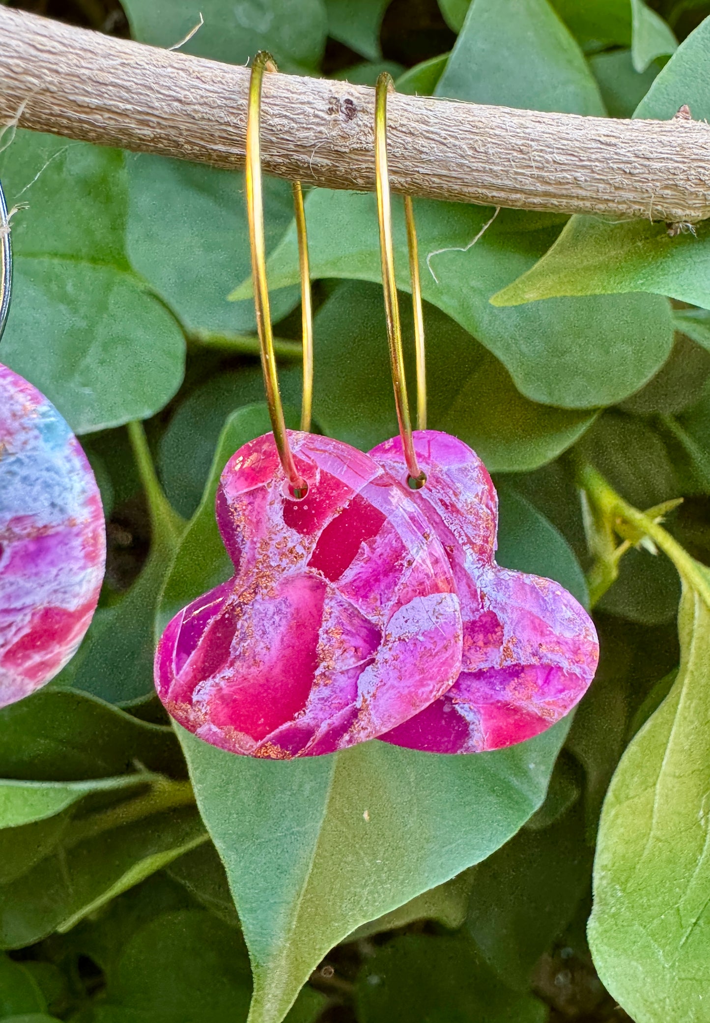 Pink Marbled Hear Hoop Earrings | Marbled Polymer Clay | Lightweight and Hypoallergenic | Romatic Gift for Her