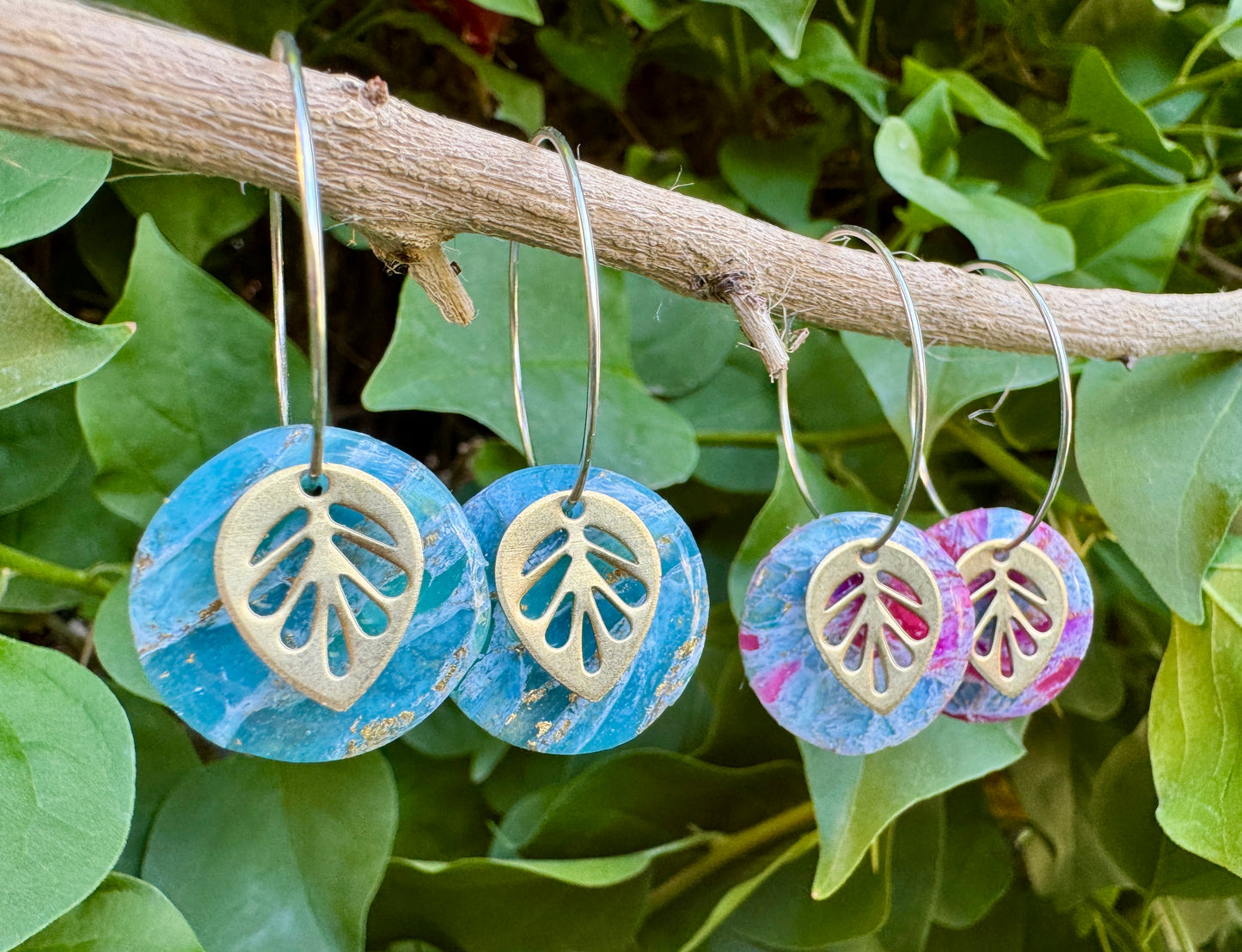 Teal or Teal & Pink Gold Leaf Hoop Earrings. Nature-Inspired Handmade Jewelry | Lightweight | Hypoallergenic