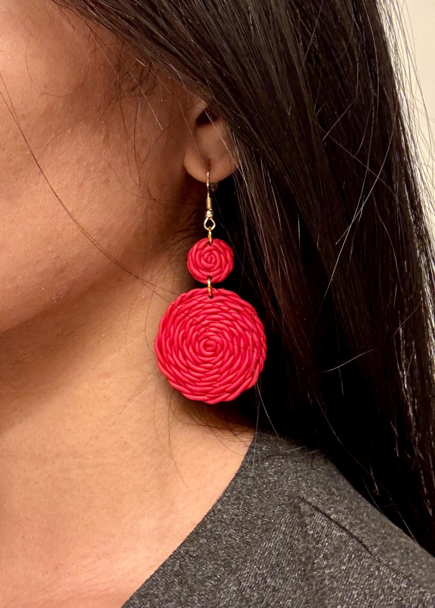 Red Pomegranate Dangle Earrings, Knitted Design. Boho Everyday wear lightweight earrings