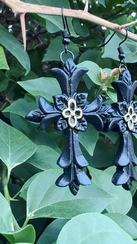 Black Gothic Cross Statement Earrings | Handmade Polymer Clay | Perfect for Halloween